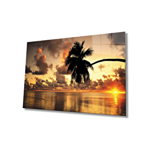 Gün Batımı Palmiye Deniz Manzarası Cam Tablo 50x70 cm