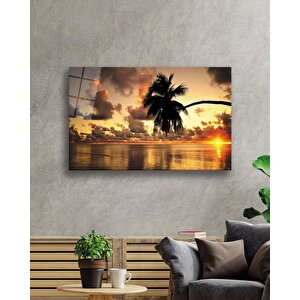 Gün Batımı Palmiye Deniz Manzarası Cam Tablo 50x70 cm