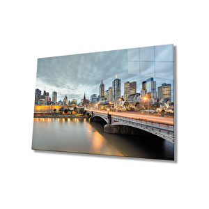 Gün Batımı Şehir Köprü Manzarası Cam Tablo 50x70 cm