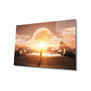 Gün Batımı Fütüristik Kadın Sarı Cam Tablo 50x70 cm