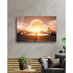 Gün Batımı Fütüristik Kadın Sarı Cam Tablo 50x70 cm