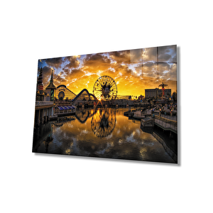 Gün Batımı Şehir Lunapark Manzaralı Cam Tablo 36x23 cm