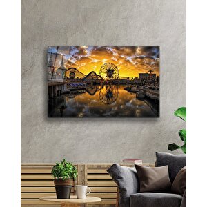 Gün Batımı Şehir Lunapark Manzaralı Cam Tablo 36x23 cm