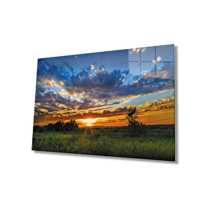 Gün Batımı Manzarasında Ağaç Yeşil Cam Tablo 110x70 cm