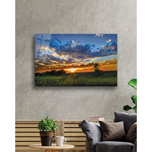 Gün Batımı Manzarasında Ağaç Yeşil Cam Tablo 110x70 cm