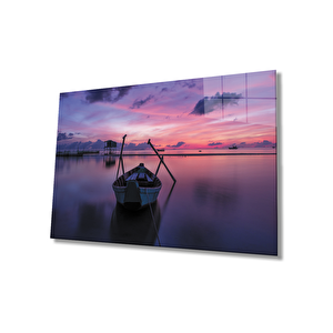 Gün Batımı Deniz Kayık Cam Tablo 36x23 cm