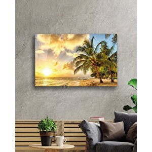 Gün Batımı Deniz Palmiye Manzara Cam Tablo 36x23 cm