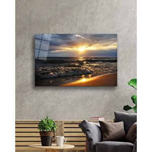 Deniz Dalga Sahil Gün Batımı Cam Tablo 36x23 cm