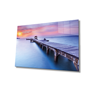 Gün Batımı Manzarası Ahşap Köprü Cam Tablo 50x70 cm