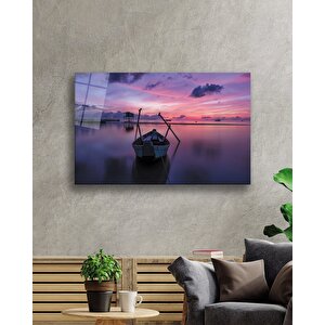 Gün Batımı Deniz Kayık Cam Tablo 90x60 cm