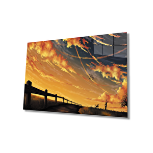 Gün Batımı Manzaralı Mavi Sarı Cam Tablo 50x70 cm