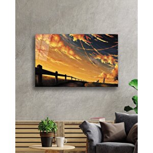 Gün Batımı Manzaralı Mavi Sarı Cam Tablo 50x70 cm