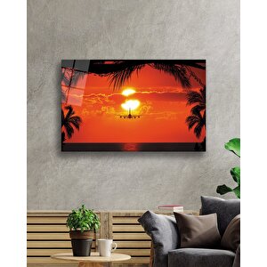 Gün Batımında Uçak Cam Tablo 36x23 cm
