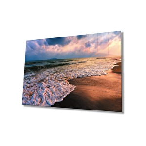 Gün Batımı Deniz Sahil Dalga Manzaralı Cam Tablo 110x70 cm