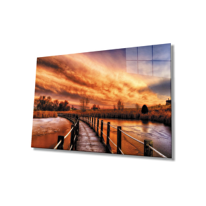 Gün Batımı Manzarası Ahşap Köprü Cam Tablo 50x70 cm