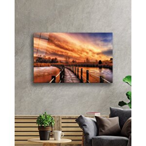 Gün Batımı Manzarası Ahşap Köprü Cam Tablo 50x70 cm