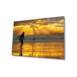 Gün Batımında Sörfçü Cam Tablo 36x23 cm