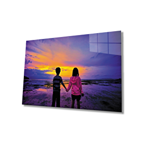 Gün Batımı Manzarasında Çocuklar Cam Tablo 36x23 cm