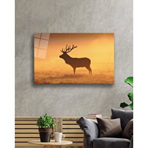 Gün Batımı Manzarasında Geyik Cam Tablo 50x70 cm