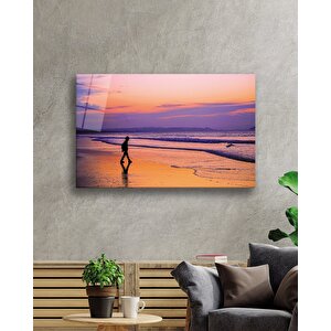 Deniz Sahil Çocuk Gün Batımı Cam Tablo 36x23 cm