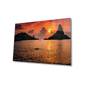 Gün Batımı Deniz Kayıklar Cam Tablo 36x23 cm