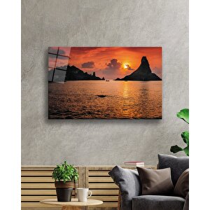 Gün Batımı Deniz Kayıklar Cam Tablo 36x23 cm