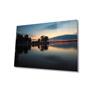 Gün Batımı Ağaç Göl Yansıma Cam Tablo 36x23 cm