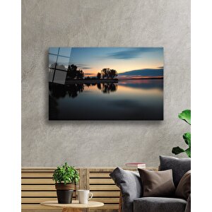 Gün Batımı Ağaç Göl Yansıma Cam Tablo 36x23 cm