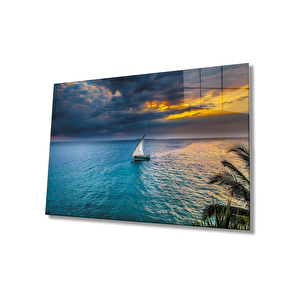 Gün Batımı Yelkenli Cam Tablo Sunset Sail Table 90x60 cm