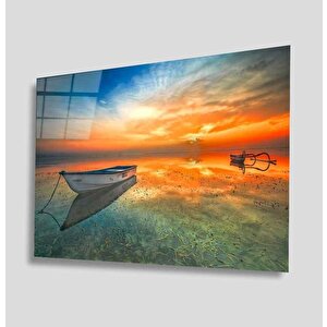 Gün Batımı Manzara Kayık Cam Tablo 50x70 cm
