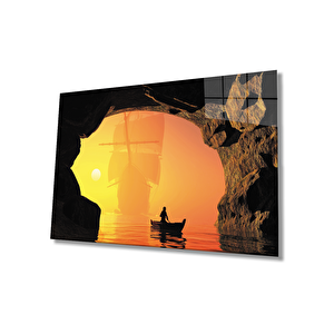 Gün Batımı Kayık Kaya Manzaralı Cam Tablo 36x23 cm