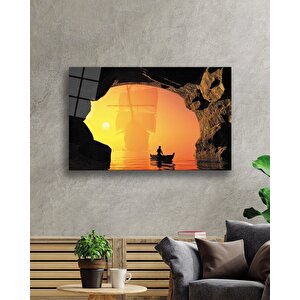 Gün Batımı Kayık Kaya Manzaralı Cam Tablo 36x23 cm