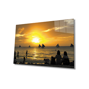 Gün Batımı Deniz Yelken İnsanlar Cam Tablo 50x70 cm