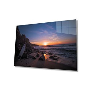 Gün Batımı Manzarası Deniz Sörftahtası Cam Tablo 50x70 cm