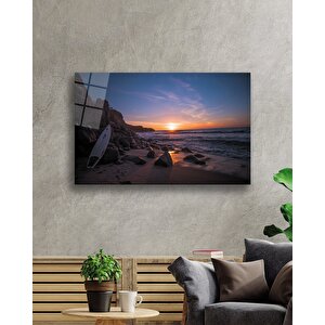 Gün Batımı Manzarası Deniz Sörftahtası Cam Tablo 50x70 cm