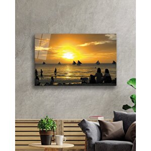 Gün Batımı Deniz Yelken İnsanlar Cam Tablo 36x23 cm