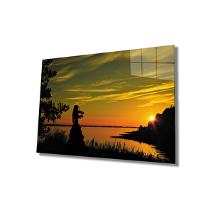 Gün Batımı Ve Keman Çalan Kadın Cam Tablo 110x70 cm