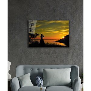 Gün Batımı Ve Keman Çalan Kadın Cam Tablo 110x70 cm