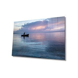 Gün Batımı Deniz Kayık Cam Tablo 36x23 cm