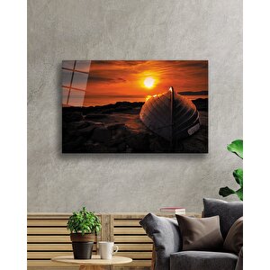 Gün Batımı Kayıkmanzaralı Cam Tablo 90x60 cm