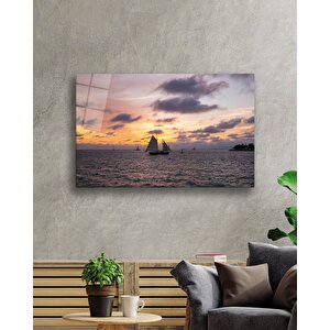 Gün Batımı Deniz Yelkenli Cam Tablo 50x70 cm