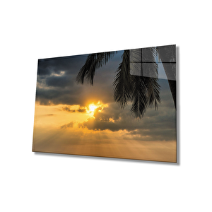 Gün Batımı Palmiye Cam Tablo Sunset Palm Table 90x60 cm