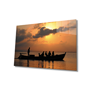 Gün Batımı Deniz Kayık İnsanlar Cam Tablo 110x70 cm