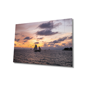 Gün Batımı Deniz Yelkenli Cam Tablo 110x70 cm
