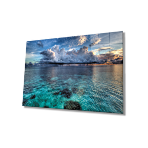 Gün Batımı Deniz Bulut Mavi Cam Tablo 36x23 cm