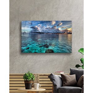 Gün Batımı Deniz Bulut Mavi Cam Tablo 36x23 cm