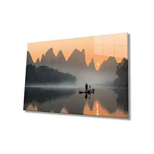 Göl Kayıkadam Gün Batımı Cam Tablo 36x23 cm