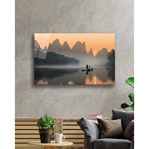 Göl Kayıkadam Gün Batımı Cam Tablo 36x23 cm