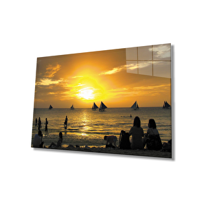 Gün Batımı Yelkenler İnsanlar Cam Tablo 50x70 cm