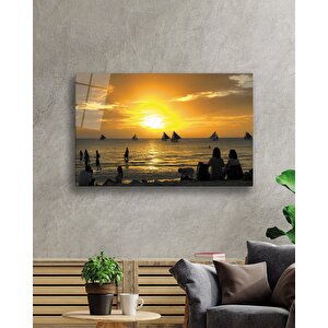 Gün Batımı Yelkenler İnsanlar Cam Tablo 50x70 cm